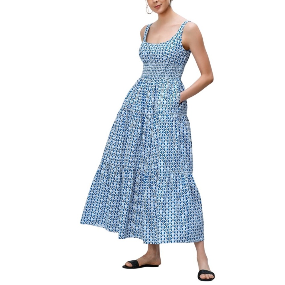 Wayward Fancies‎ Smocked EMPIRE Tiered Midi Dress Geo Cotton SWEDISH BLUE 10/12